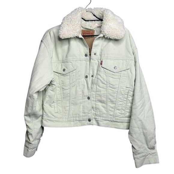 Levi's Jackets & Blazers - LEVIS Womens NEW Cropped Trucker Jacket Sherpa Collar Corduroy Xs Green Mint